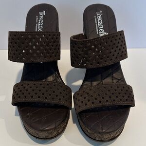 Toscanella Italian Leather Perforated Wedge Sandals Brown Made in Italy 10